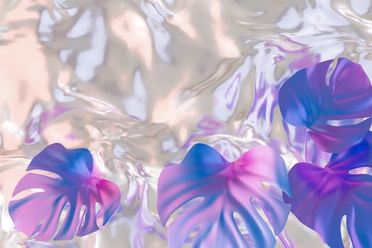 Dreamy holographic background featuring fluid textures and vibrant tropical leaves. Copy space for text. Color gradient, y2k style, 2000s. Iridescent surface. Monstera plant. 3D render