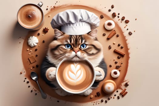 cute cat cook and prepared fresh morning coffee, top view