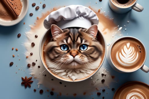 cute cat cook and prepared fresh morning coffee, top view