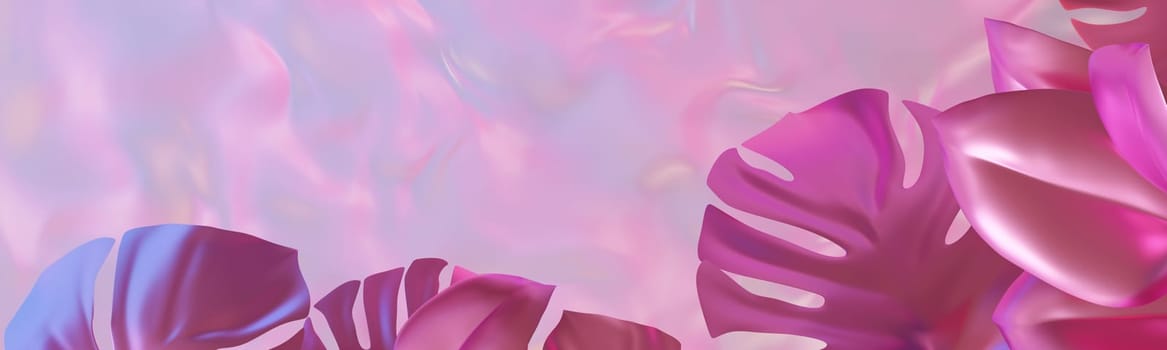 Surreal holographic background showcasing vibrant tropical leaves against a soft, undulating pink backdrop, perfect for text placement. Color gradient, y2k style, 2000s. Iridescent surface. 3D render