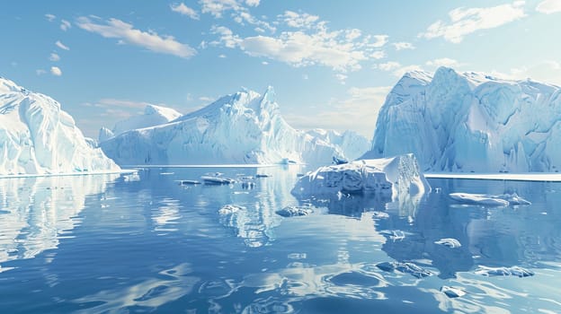 Icebergs floating in water near a mountain range in the Arctic region.