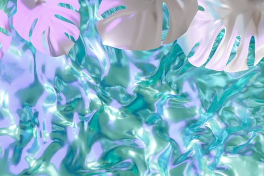 Lustrous holographic waves interplay with floating tropical leaves in this vibrant background. Copy space for text. Color gradient, y2k style, 2000s. Iridescent surface. Monstera plant. 3D render