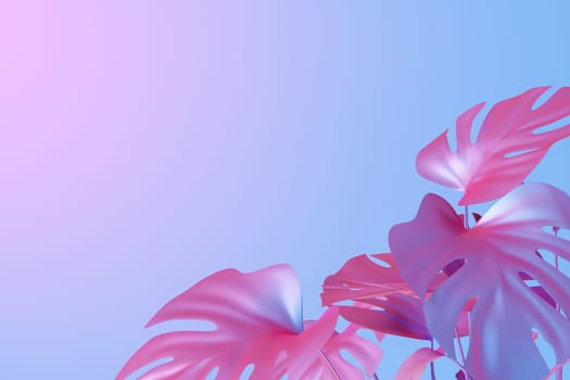 Ethereal holographic backdrop with vibrant pink and blue hues featuring tropical leaves. Copy space for text. Color gradient, y2k style, 2000s. Iridescent surface. Monstera plant. 3D render
