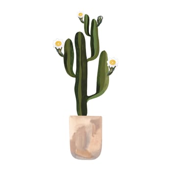 Blooming cactus in a light concrete pot. Plants for the home. Floriculture. Interior decoration. Isolated watercolor illustration on white background. Clipart