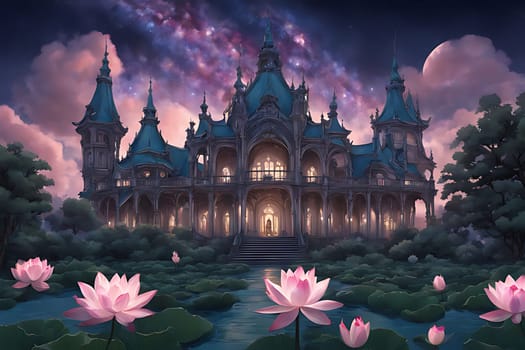 A painting depicting a majestic castle standing tall amidst a sea of vibrant water lilies. The castle is surrounded by the blooming flowers, creating a stunning and colorful scene.