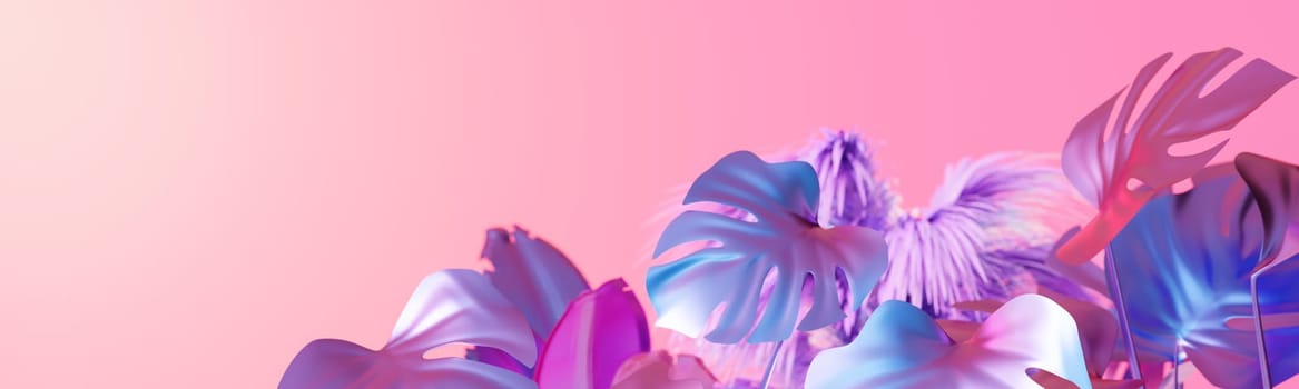 Surreal pink gradient background with vivid holographic tropical leaves in purple and blue hues. Copy space for text. Color gradient, y2k style, 2000s. Iridescent surface. Monstera plant. 3D render