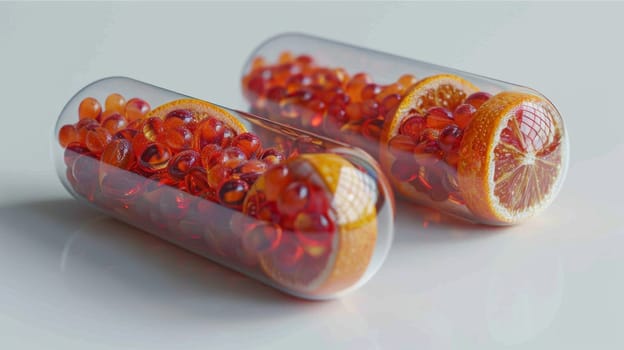 One capsule in a transparent shell with vitamin granules inside on a white background.
