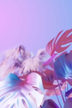 Ethereal holographic backdrop with vibrant pink and blue hues featuring tropical leaves. Copy space for text. Color gradient, y2k style, 2000s. Iridescent surface. Monstera plant. Vertical format. 3D