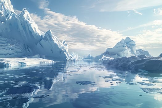 Multiple icebergs floating on the surface of cold Arctic waters, reflecting the sunlight in a vast icy landscape.