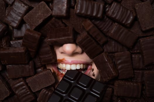 The face of a caucasian woman surrounded by chocolates. The girl eats a bar of chocolate