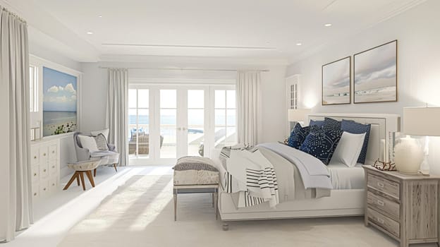 Beautiful interior of luxury bedroom with window sea view. Coastal cottage concept. High quality photo