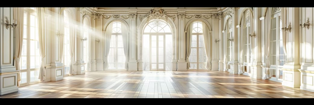 An empty banquet hall with a parquet floor and numerous large windows in vintage style.
