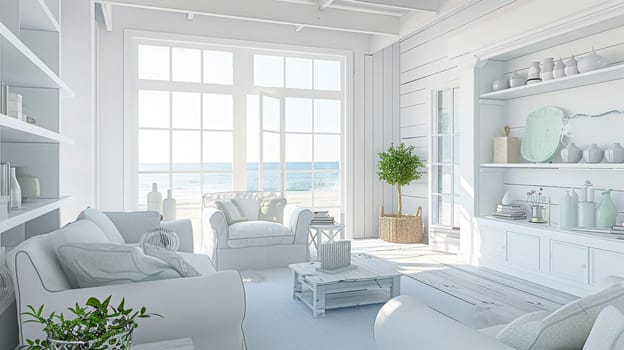 Interior of a living room with white walls, sofa and cushions. Sitting room in coastal cottage with sea view. Luxury lounge room