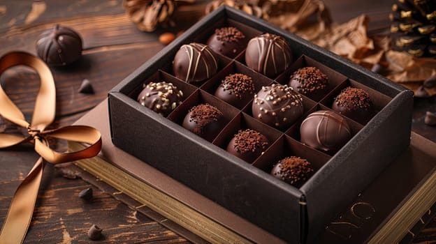 A luxurious box of chocolate truffles with ribbons on a wooden table.