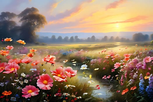 A painting depicting a vibrant field of flowers under a colorful sunset. The flowers are in full bloom, swaying gently in the breeze as the sun sets on the horizon.