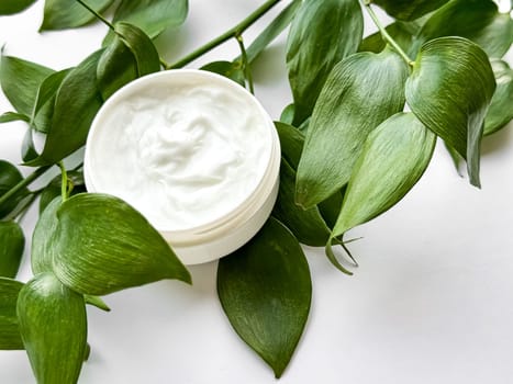 Close up of hand cream container with green leaves on white background. Skincare and natural beauty concept. For healthcare, wellness, and organic product poster. High quality photo