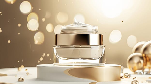 Face cream in a glass jar on a white and gold background. Skin care concept. Backdrop for beauty cosmetic products