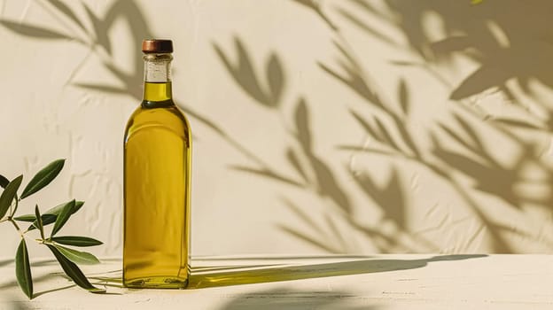 Olive oil bottle ad background with copyspace, vegetable oil commercial produce, food industry and retail concept