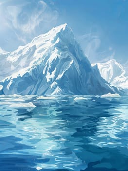 A painting of an iceberg drifting in the ocean, surrounded by water and under a clear sky.