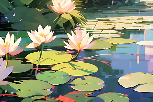 A painting depicting vibrant water lilies floating in a pond, with their delicate petals and lush green leaves. The calm water reflects the sky above, creating a serene and natural scene.