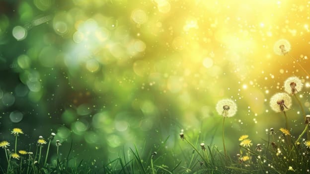 Dandelion in the Wind on Green Grass Spring Nature Background with Sun Rays and Bokeh Effect Concept Serene Natural Beauty.