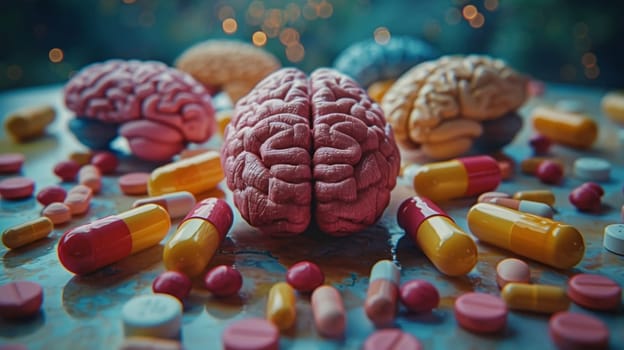 The human brain and capsules in the background. Organ anatomy, neurology, and the healthy body.