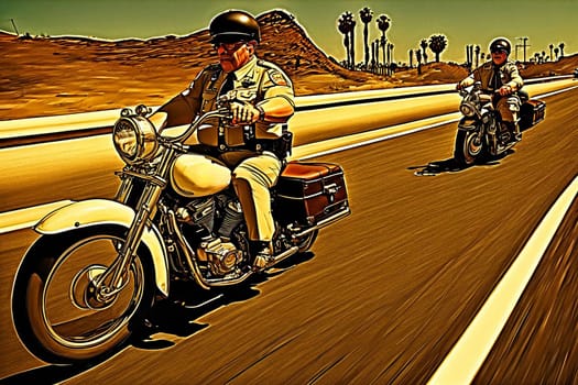 veteran chips police patrol on motorbikes riding steampunk bikes funny postcards generative ai art