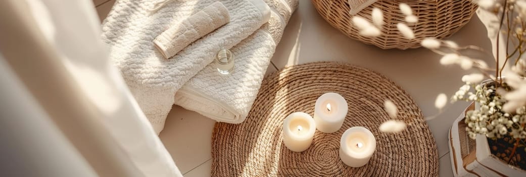 A white towel is laying on a rug next to a candle.