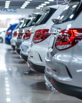 A row of gleaming, state-of-the-art automobiles are displayed in a well-lit showroom, showcasing their stylish designs and advanced features