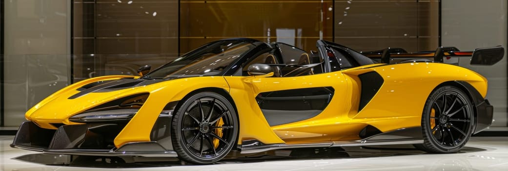 A striking yellow supercar with a bold, aerodynamic design and advanced features, showcased in a modern showroom setting.
