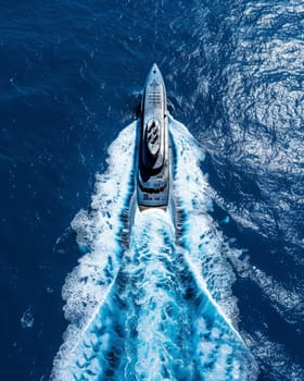 A sleek and elegant yacht cuts gracefully through the azure waters, its wake creating a mesmerizing display of white-capped waves and sparkling droplets against the deep blue backdrop