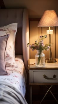 Bedroom decor, modern cottage interior design and home decor, bed linen and elegant country bedding, lamp and flowers, English countryside house style inspiration