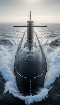 A sleek, black submarine slices through the dark, foggy waters, its imposing silhouette and forward momentum conveying a sense of power and technological prowess in the mysterious depths