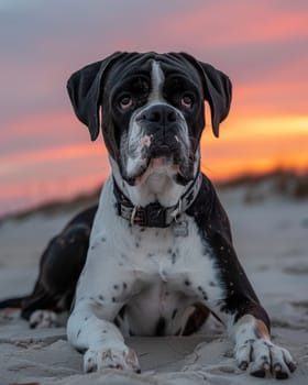 A boxer dog sits on the beach at sunset, with a colorful sky in the background