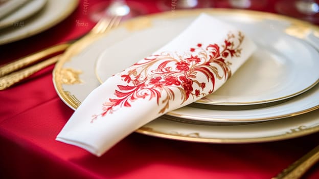 Christmas table decor, holiday tablescape and dinner table setting, formal event decoration for New Year, family celebration, English country and home styling inspiration