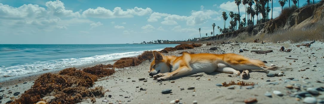 A dog with a collar and leash is sprawled out on the warm sand of a beach, napping next to the calm ocean