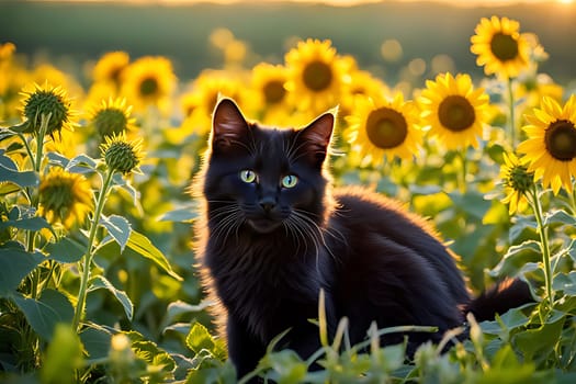 A black cat with yellow eyes is seated gracefully amidst a sea of vibrant yellow sunflowers under a clear blue sky. The cats fur contrasts with the colorful blooms, creating a striking visual contrast.