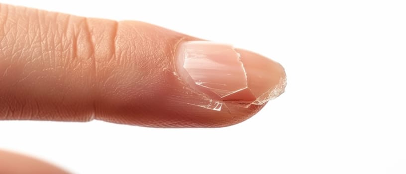 A close-up image of a severely cracked and damaged fingertip, with peeling skin revealing the delicate and vulnerable nature of the human body