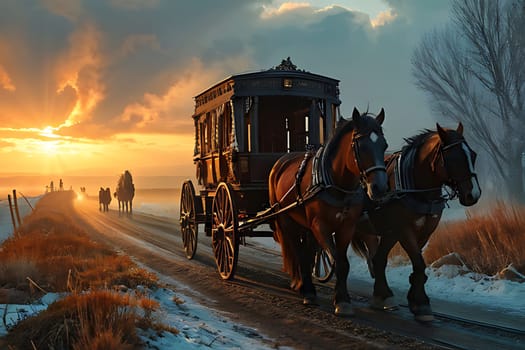 A horse drawn carriage is moving along a snow covered road, leaving tracks in the fresh snow. The scene is calm and wintery, with the carriage being the main focus.