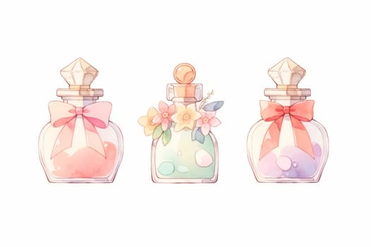 Set of vintage perfume pink bottle hand drawn watercolor illustration