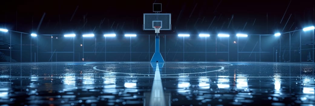 A vast, illuminated basketball court with glowing lights and reflections, creating an atmospheric and dramatic scene
