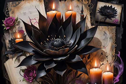 A detailed painting of a flower with several burning candles placed in front of it. The candles illuminate the delicate petals of the flower, creating a warm and inviting atmosphere.