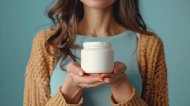 Close-up of a woman's hands with a jar of capsules. Diet concept, Sports, fitness, health care.