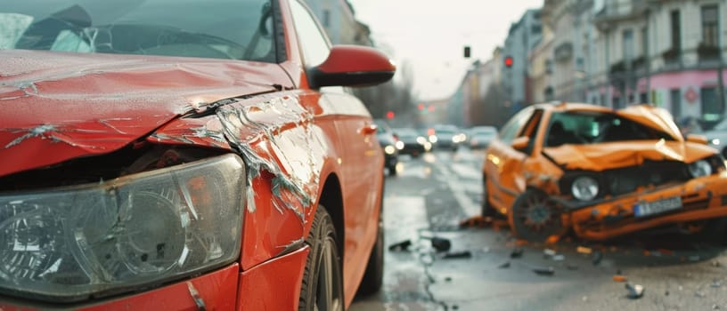 Several damaged vehicles, including a red car and a yellow taxi, lie scattered on a city street after a serious multi-car collision, surrounded by debris and emergency personnel responding to scene