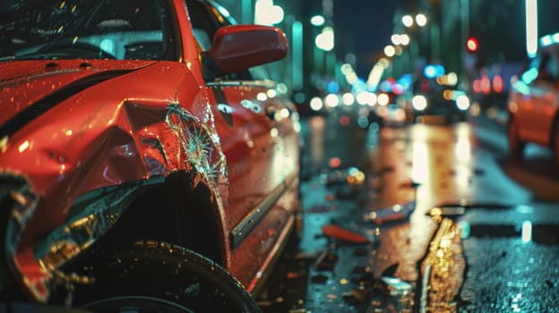 Nighttime car accident scene with close-up of damaged vehicle and blurred city lights in the background