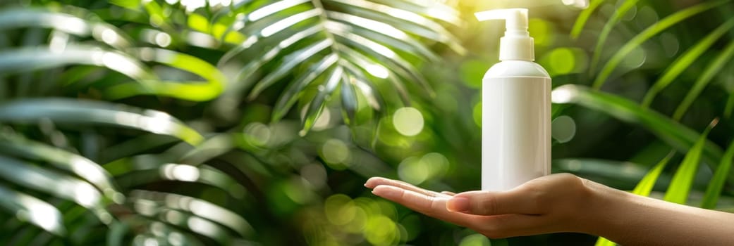 A hand holds a sunscreen bottle amidst a vibrant, lush tropical landscape, with palm fronds and greenery framing the scene