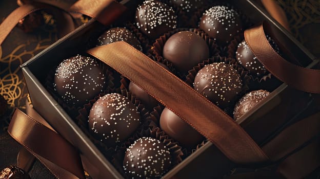 High-detail box of elegant chocolate truffles adorned with a rich brown ribbon.