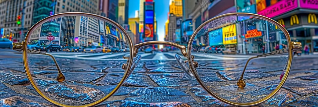 A pair of round, metallic eyeglasses rests on a reflective surface, capturing the enchanting bokeh of a blurred background filled with warm, glowing lights