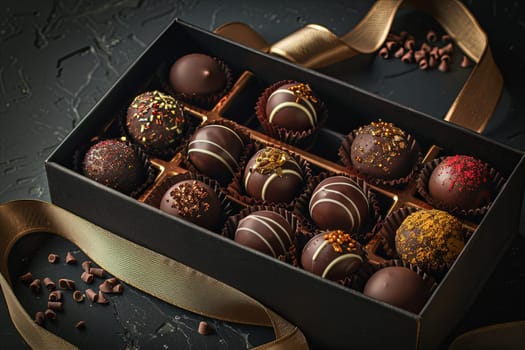 Elegant box of chocolate truffles adorned with a ribbon, showcasing rich dark colors in a luxurious presentation.