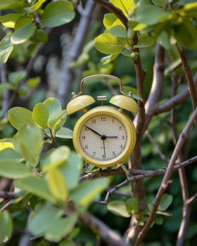 A yellow alarm clock placed on a tree branch, against a clear sky background.